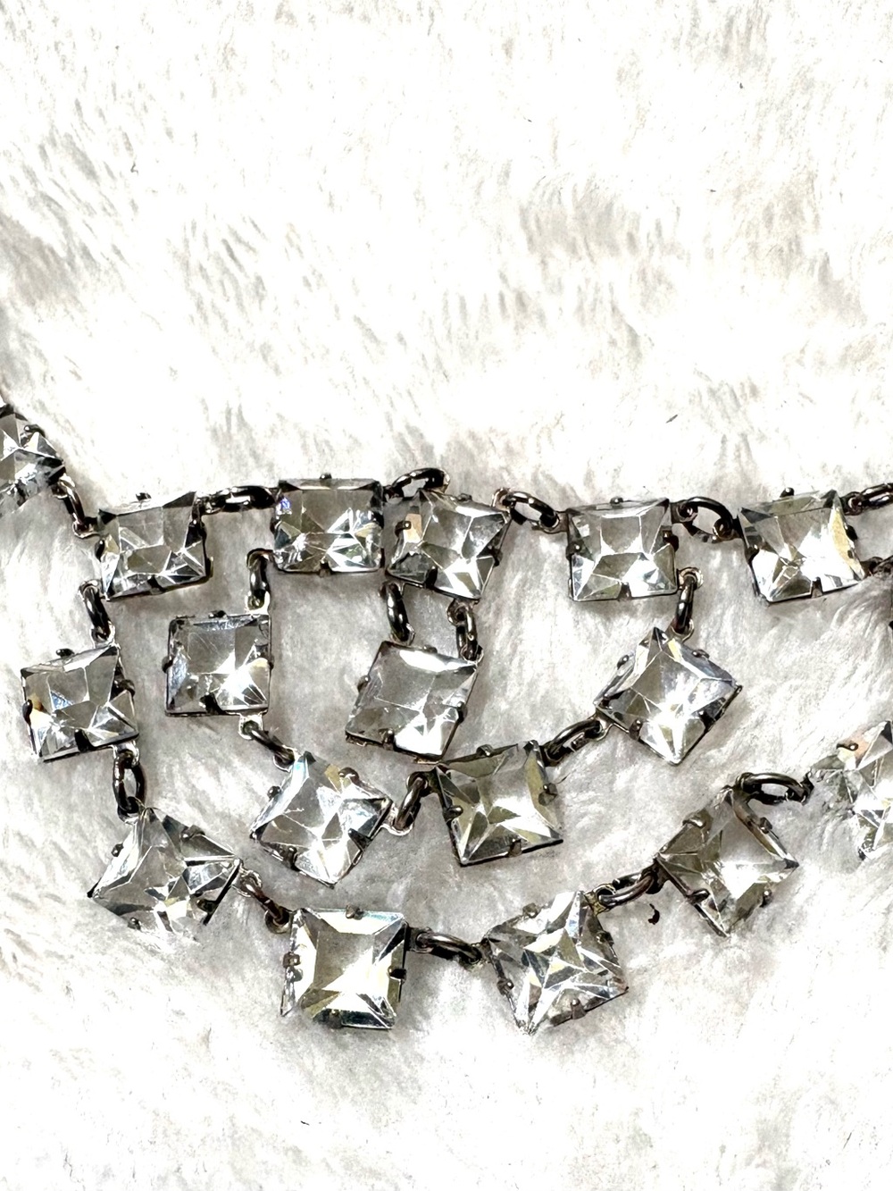 Art Deco Sterling Silver 925 Rock Crystal Festoon Square-Link Necklace